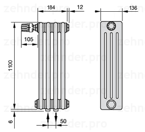 Схема (чертеж) Радиатор Zehnder Charleston 4110/4 №V007 Белый глянцевый RAL 9016